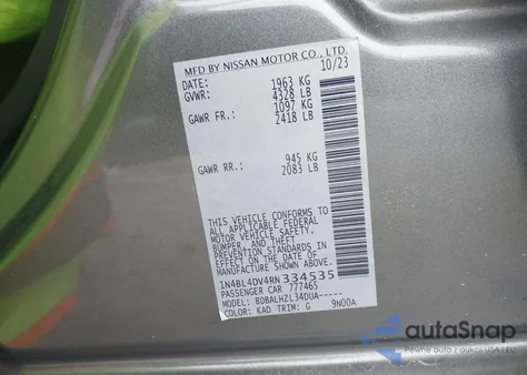 2024 Nissan Altima Sv Fwd z USA, uszkodzony, nr VIN 1N4BL4DV4RN334535